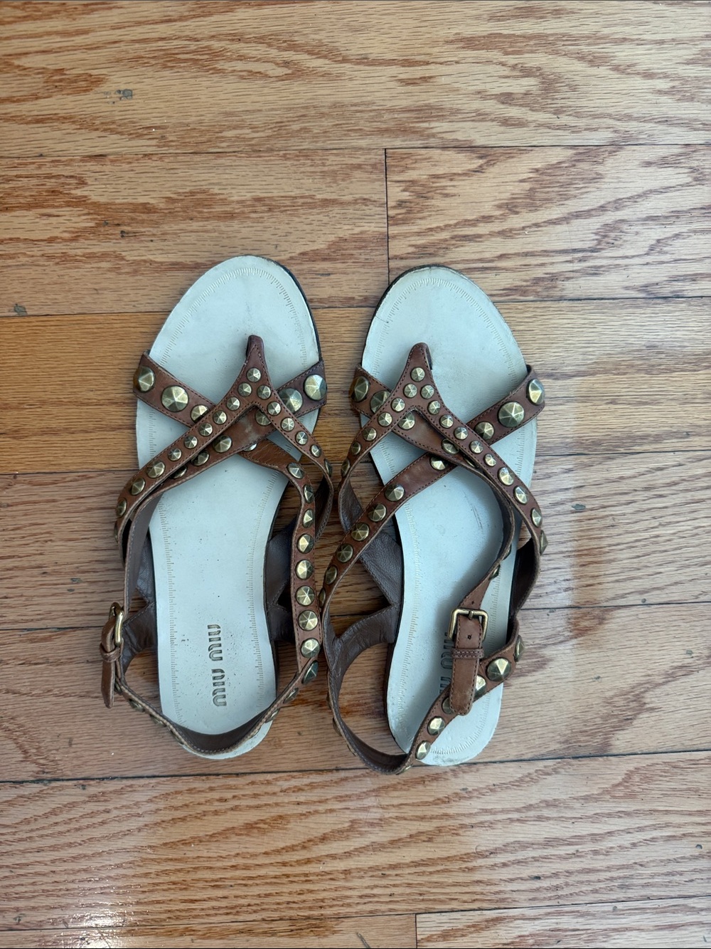 Miu Miu Brown Leather Studded Sandals with Gold Accents